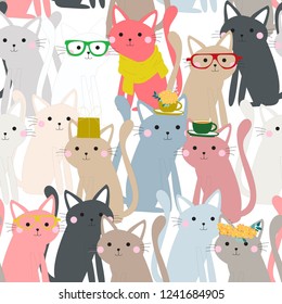 Merry Christmas and Happy New year cartoon seamless pattern,Christmas Cute kitty kitten cat Funny Character,Happy Christmas theme in celebrated and winter time,illustration vector by freehand doodle 