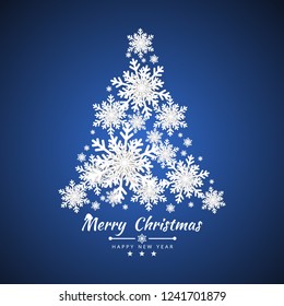 Merry Christmas and Happy New Year background with Christmas tree made of snowflakes. Vector illustration