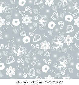 Merry Christmas and Happy New Year. Christmas seamless pattern with new year tree, pig, snowflakes, sweets, snowman, winter tree. Winter holiday backgrounds for design. Vector illustration