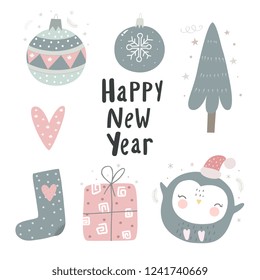 Merry Christmas and Happy New year hand drawn vector print