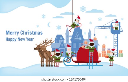 Merry Christmas and Happy New Year. Elves helpers collect gifts in the bag of Santa Claus, sleigh with fabulous deer, the palace of Santa in the background. Landing template for the landing page