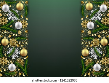 Merry Christmas Happy New Year decorative postcard, baubles and fir branches decoration background, vector illustration