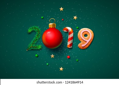 Merry Christmas and Happy New Year 2019 greeting card, vector illustration.