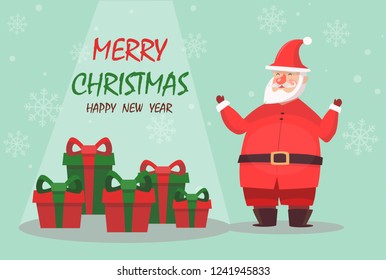 Merry Christmas and happy new year greeting card,banner with flat Santa Claus cartoon character design , Christmas tree and gifts. Illustration vector.