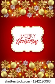Merry Christmas Happy New Year decorative postcard, shiny baubles glitter snowflakes background, vector illustration