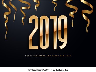 Merry Christmas and Happy New Year text design. Vector greeting illustration with golden numbers.