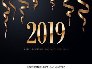 Merry Christmas and Happy New Year text design. Vector greeting illustration with golden numbers.