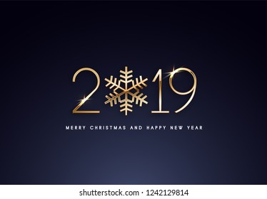Merry Christmas and Happy New Year text design. Vector greeting illustration with golden numbers.