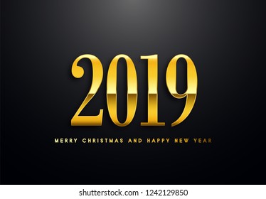 Merry Christmas and Happy New Year text design. Vector greeting illustration with golden numbers.