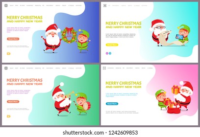 Merry Christmas and happy New Year, Santa Claus and Elf getting messages with wishes. Reading gifts list, playing musical instruments, put presents into sack