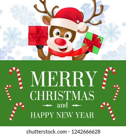 Merry Christmas and Happy New Year banner template. Green poster with candy canes and reindeer in Santa hat with gift boxes. Lettering can be used for invitations, postcards, flyers and brochure