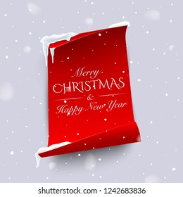 Merry Christmas and Happy New Year text on vertical red paper with curved edges isolated on snowfall background. Vector winter holidays design template