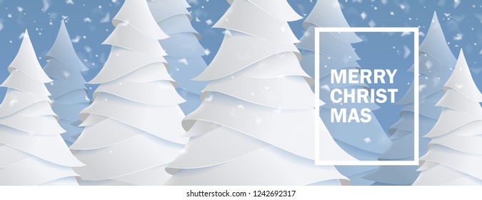 Merry Christmas and Happy New Year background for Greeting cards with christmas tree landscape and snowing paper art style.Vector illustration. 