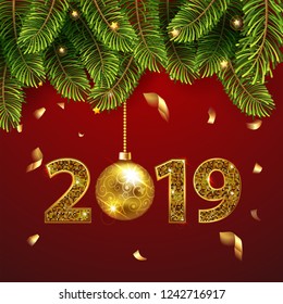 Merry Christmas and Happy New Year 2019 greeting card with Christmas decor fir tree branches, gold christmas ball confetti and numbers 2019  in knitted red classic background. Vector illustration. EPS