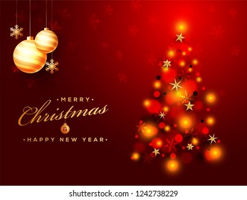 Merry Christmas and Happy New Year celebration concept, Creative Xmas tree made by stars and snowflakes with bokeh lighting effect on red background.