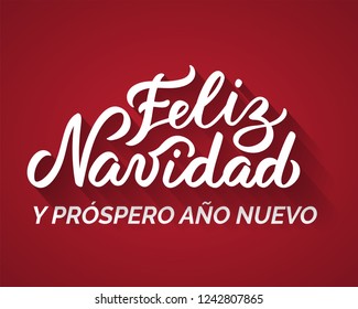 Merry Christmas and a Happy New Year from Spanish. Hand-written text, words, typography, calligraphy, lettering. Vector white inscription on red background. For banner, flyer, poster, greeting card