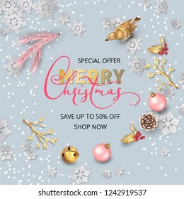 Merry Christmas and Happy new year sale banner. Christmas background with festive decorations