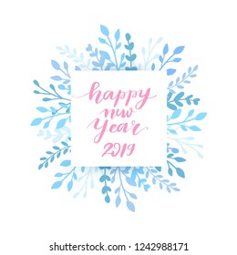Merry Christmas and Happy New Year vector card. Frame, border with leaves and branches. Greeting cards. Hand drawn lettering phrase for holidays design, posters. Illustration Eps10.