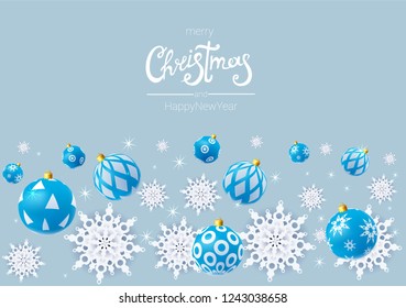 merry Christmas and happy new year, postcard, 3D, Christmas toys and snowflakes on grey background vector