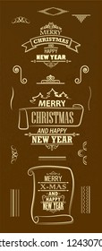 Merry christmas and happy new year typography sign collection. Vector holiday label in outlines. Ribbons and stickers vintage template