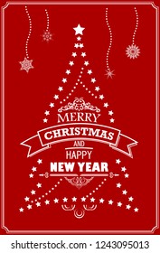 Merry christmas and happy new year typography sign in christmas tree silhouette. Vector holiday label in outlines. Ribbon vintage template with stars