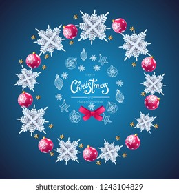 merry Christmas and happy new year, postcard, 3D snowflakes and Christmas balls background , on blue background, vector