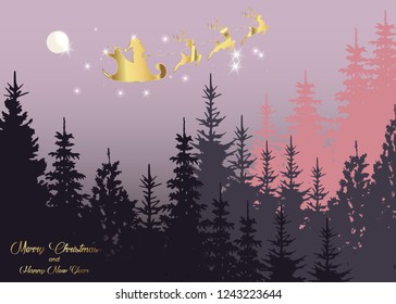 Merry Christmas and a Happy New Year, Santa Claus of gold with a reindeer flying, greeting card with shiny stars and full moon. Christmas tree firs, Winter forest background, vector mountain landscape