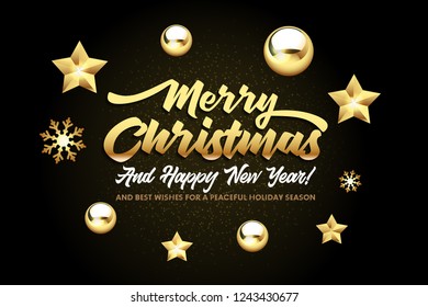 Merry Christmas, and Happy New Year lettering with golden Christmas stars and balls on a black background. Happy New Year card design. Vector illustration EPS 10 file.