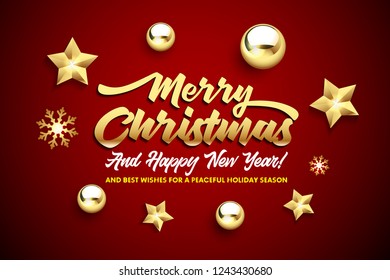 Merry Christmas, and Happy New Year lettering with golden Christmas stars and balls on a red background. Happy New Year card design. Vector illustration EPS 10 file.