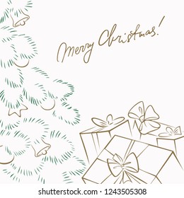 Merry Christmas & Happy New Year greeting card, poster, banner with hand drawn lettering and background with Christmas tree and present boxes. Vector illustration.