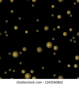 Merry Christmas and Happy New Year mystery seamless pattern with golden snowflakes isolated on black. Abstract winter fairy background for your holiday design. Vector luxury illustration