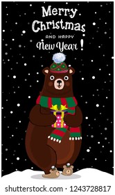 Merry christmas, happy new year greeting card of cute cartoon cheerful bear character in knitted hat and scarf with gift box on snowy winter night landscape background, lettering. Vector illustration.
