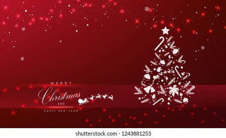 Merry Christmas and happy new year white tree red background template vector design