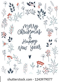 Merry christmas and Happy New Year card template with flowers, branches, leaves frame and lettering. Vector illustration. Black white red colors. Hand drawn lettering. 