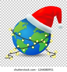 Merry Christmas and Happy New Year concept, The earth with a Santa Claus hat laid and the Christmas light bulbs wires wrapped around it on transparent background, Vector illustration