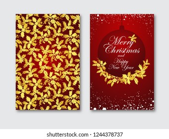 Merry Christmas and Happy New Year, greeting card with holly tree pattern.Vector illustration.