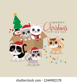 Merry Christmas and happy new year greeting card with cute cat, snowman, tree, snowman and candy in paper box. Animal holidays cartoon character. Funny kitten set.