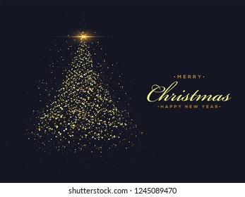 Merry Christmas and Happy New Year greeting card design with creative xmas tree made by glitter on black background.