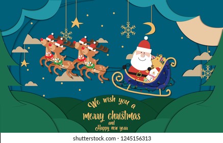 Merry Christmas and Happy New Year. Illustration of Santa Claus on the sky, paper art and digital craft style, Christmas background with white copy space for text or messages for the New Year.