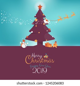Merry Christmas and Happy New Year 2019 holidays greeting card with cartoon character of Santa Claus and Kids with Christmas tree background with copy space. Vector illustration.