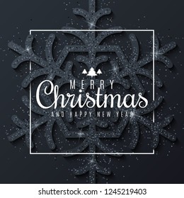 Merry Christmas and Happy New Year. Luxury and shiny big snowflake of glitters on dark background. White frame. Greeting card. Vector illustration. EPS 10