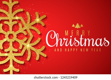 Merry Christmas and Happy New Year banner. Luxury and shiny snowflake of golden glitters on a red background. Greeting card. Vector illustration. EPS 10