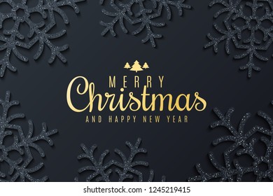 Merry Christmas and Happy New Year cover. Luxury and shiny snowflakes of glitters on dark background. Greeting card. Vector illustration. EPS 10