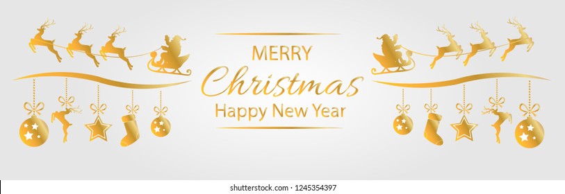 Merry Christmas and Happy new year elements hanging gold isolated background