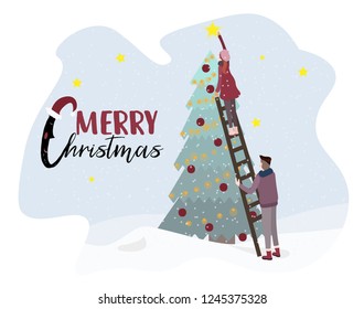Merry Christmas. Happy new year. w
Winter illustration. Family decorates the Christmas tree on snow landscape background. Modern people holiday design for xmas season.  Vector. Illustraion.
