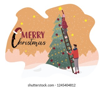 Merry Christmas happy new year winter illustration. Family decorates the Christmas tree on snow landscape background. Modern people holiday design for xmas season.  Vector. Illustraion.