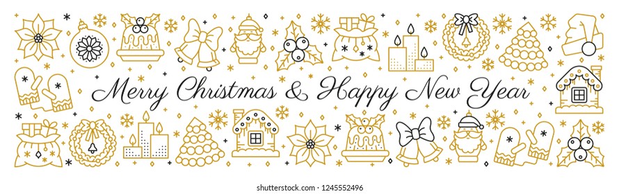 Merry christmas and happy New Year thin line gold icon set. Holiday outline lettering banner. Winter linear sign composition with snowflake, santa claus, christmas tree. Flat style vector illustration