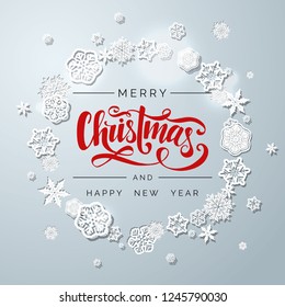 Merry Christmas and Happy New Year vector lettering in black and red colors. White paper snowflakes on light blue background. Festive ornate Xmas typography. Hand drawn clip art. 