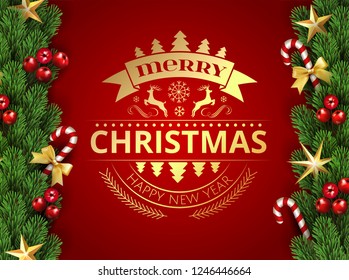 Merry Christmas Happy New Year Typographical card with christmas elements border frame with season realistic looking christmas fir tree branch decorated with red berries, stars and candy cane with bow