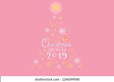 Merry Christmas and Happy New Year 2019 invitation card, banner design with Calligraphy hand script with pink background. Vector illustration.